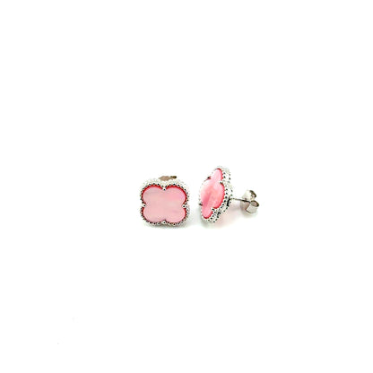Aretes Trebol (madre de perla rosado) en Plata