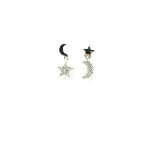 Aretes (estrella y luna) de Moissanita en Plata